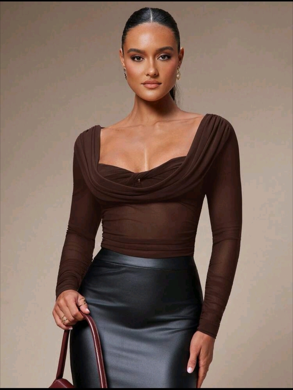 Brown Draped Square-Neck Long Sleeve Top Mesh